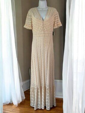 BCBG Maxazria Lace Overlay Maxi Dress S Cream Short Sleeve Flounce Hem